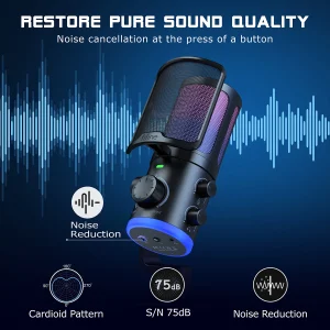 USB Gaming Microphone with Noise Cancellation/RGB/Gain&Balance Knob