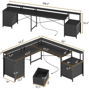 L Shaped Desk with 6 Drawer, 108" Home Office Desk